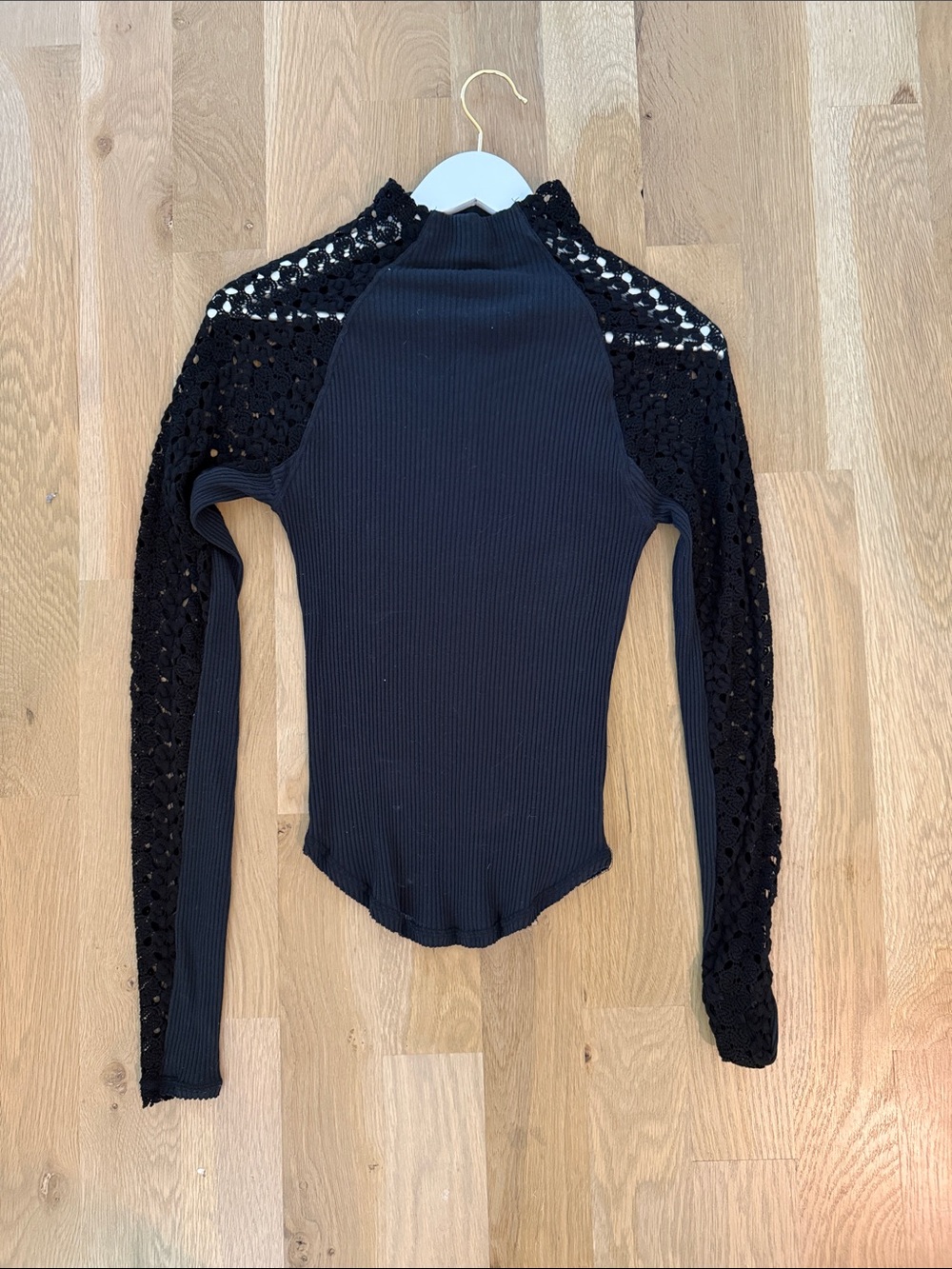 Black Long-Sleeve Ribbed Top with Crochet Sleeves FreePeople